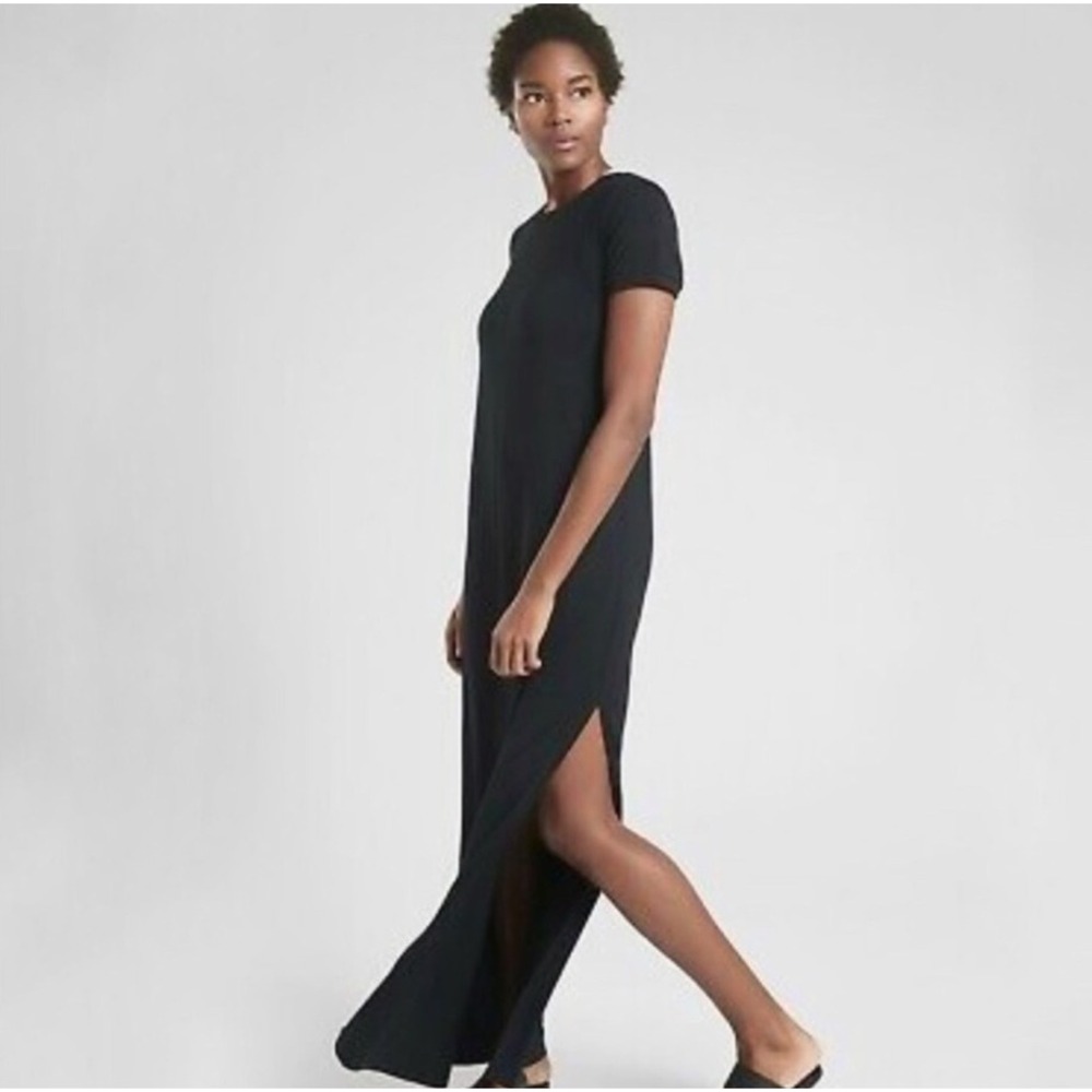 Athleta Maxi Dress Boulevard Women XS Black Short Sleeve‎ Modal Slit Minimalist